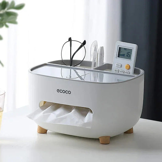 EcoCo multi-functional tissue box organizer by fusiongadgetspk, featuring a sleek design for convenient tissue storage and access.