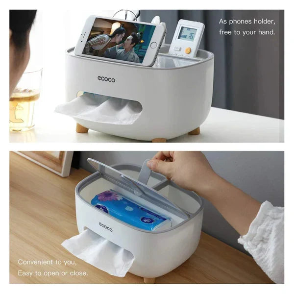 Ecoco multi-functional tissue box organizer with compartments for tissues and small items, in a sleek modern design.