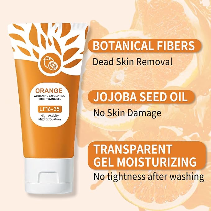 Viral orange exfoliating gel from fusiongadgetspk with bright orange gel and natural fruit extracts in a clear plastic bottle